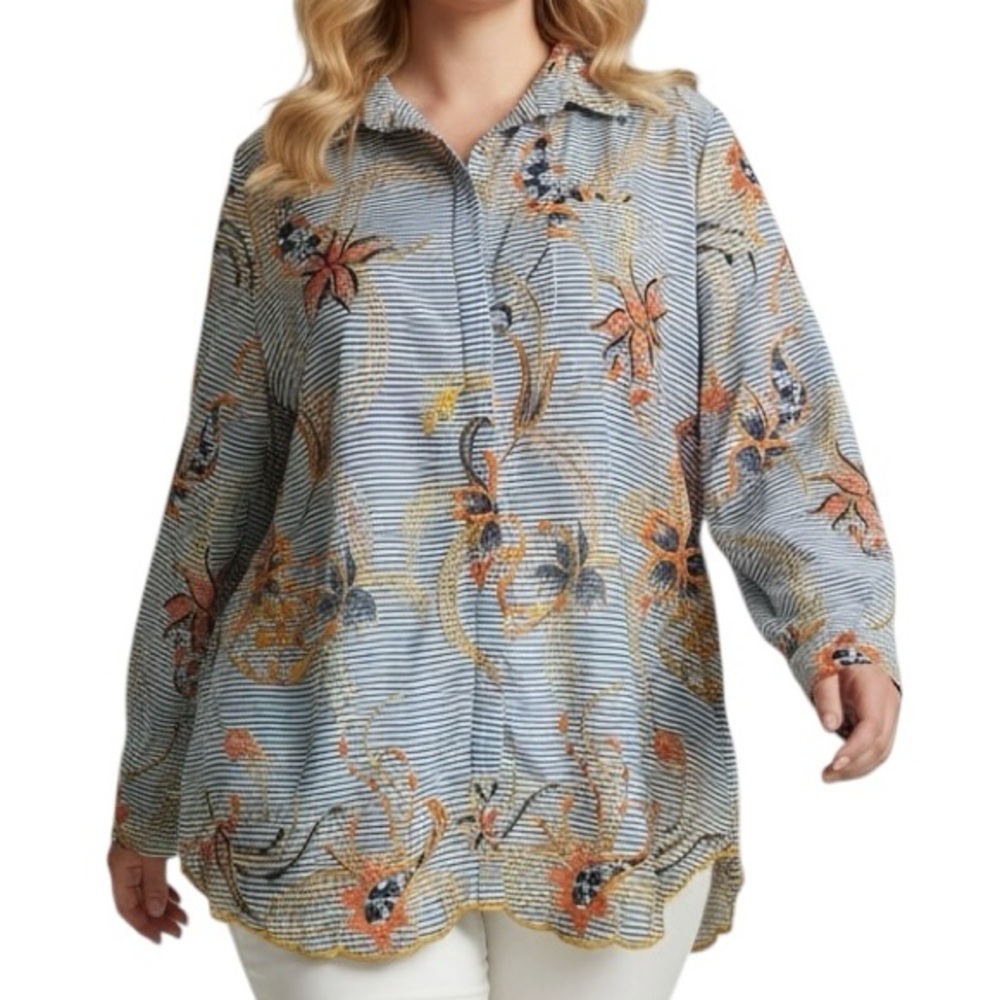 Peck & Peck Blue/White Stripe Orange Floral Embroidered Cottagecore Blouse XL